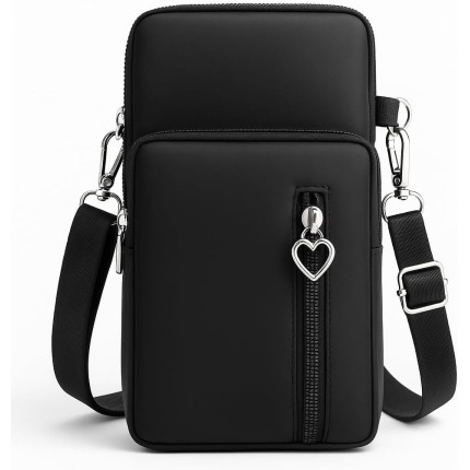 Bolsa Transversal Feminina Casual com Pingente Coração | Nylon Impermeável 3 Compartimentos – Alça Ajustável e Design Casual Leve para Celular