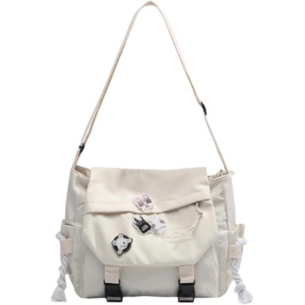 Bolsa mensageiro feminina grande com alça transversal, estilo escolar, com patches e opção com ursinho – bolsa de ombro espaçosa para faculdade e dia a dia.