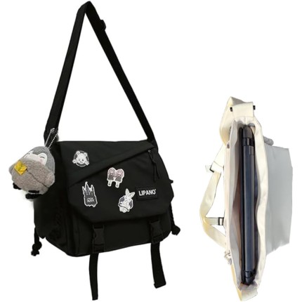 Bolsa transversal estética com lindos alfinetes e ornamentos, bolsa mensageiro de ombro de nylon japonesa Kawaii para mulheres e homens