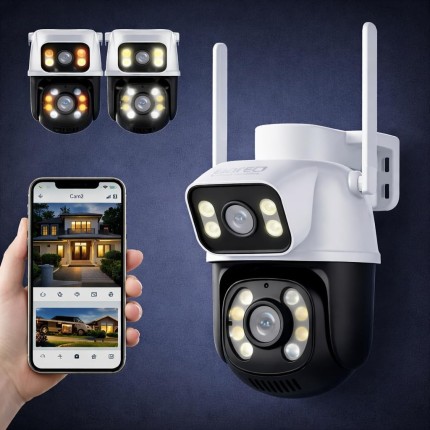 Câmera de Segurança WiFi Externa HD 3MP, IP Sem Fio com Visão Noturna Infravermelha, Dupla Lente Grande Angular, À Prova D'Água IP66, Detecção de Movimento e Áudio Bidirecional