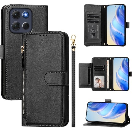 Capa compatível com Motorola Moto G86 5G, compatível com Motorola Moto G86 5G Flip PU Leather Zipper Wallet Capas protetoras pretas