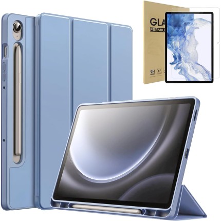 Capa para Samsung Galaxy Tab S10 Lite / S10 FE / S9 FE 10,9 Polegadas com S Pen Suporte de Lápis, TPU Macio Suporte Triplo Dobrável Estojo Protetora para Tablet (Azul Celeste)