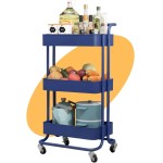 Carrinho Organizador, 3 Andares e Estrutura em Aço Carbono e Cestos em PP | Rodas 360º com Trava | Cozinha, Banheiro, Lavanderia | Prático, Versátil, Seguro e Fácil de Limpar