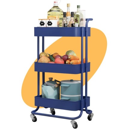 Carrinho Organizador, 3 Andares e Estrutura em Aço Carbono e Cestos em PP | Rodas 360º com Trava | Cozinha, Banheiro, Lavanderia | Prático, Versátil, Seguro e Fácil de Limpar