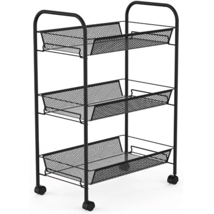 Carrinho Organizador 3 Prateleiras com Rodinhas, Metal, Preto, 44x25,5x63cm, para Cozinha e Despensa