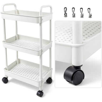 Carrinho Organizador Multiuso 3 Andares – Com Rodinhas 360°, Cestos, Fruteira, Estrutura Reforçada, Ganchos Laterais, Fácil de Montar, Ideal para Cozinha, Banheiro, Lavanderia, Escritório KOALAECOM®