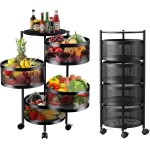 Carrinho Organizador Multiuso 4 Andares 30x30x75 Redondo Fruteira em Aço Inox - Cestos Giratórios, Rodas com Trava, Montagem Rápida, Para Cozinha, Banheiro e Escritório
