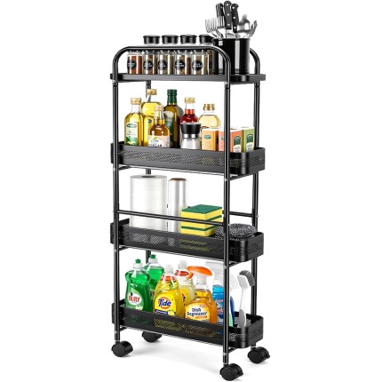 Carrinho Organizador Multiuso 4 Prateleiras com Rodinhas, Porta Temperos para Cozinha Banheiro Fruteira Salão Manicure Cabeleireiro (Preto，Aco)