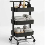 Carrinho Organizador Multiuso Preto 3 Prateleiras com Rodinhas – Estrutura Metálica em Aço Carbono Resistente, Cesto Removível e Montagem Fácil, Ideal para Banheiro, Cozinha, Lavanderia e Escritório