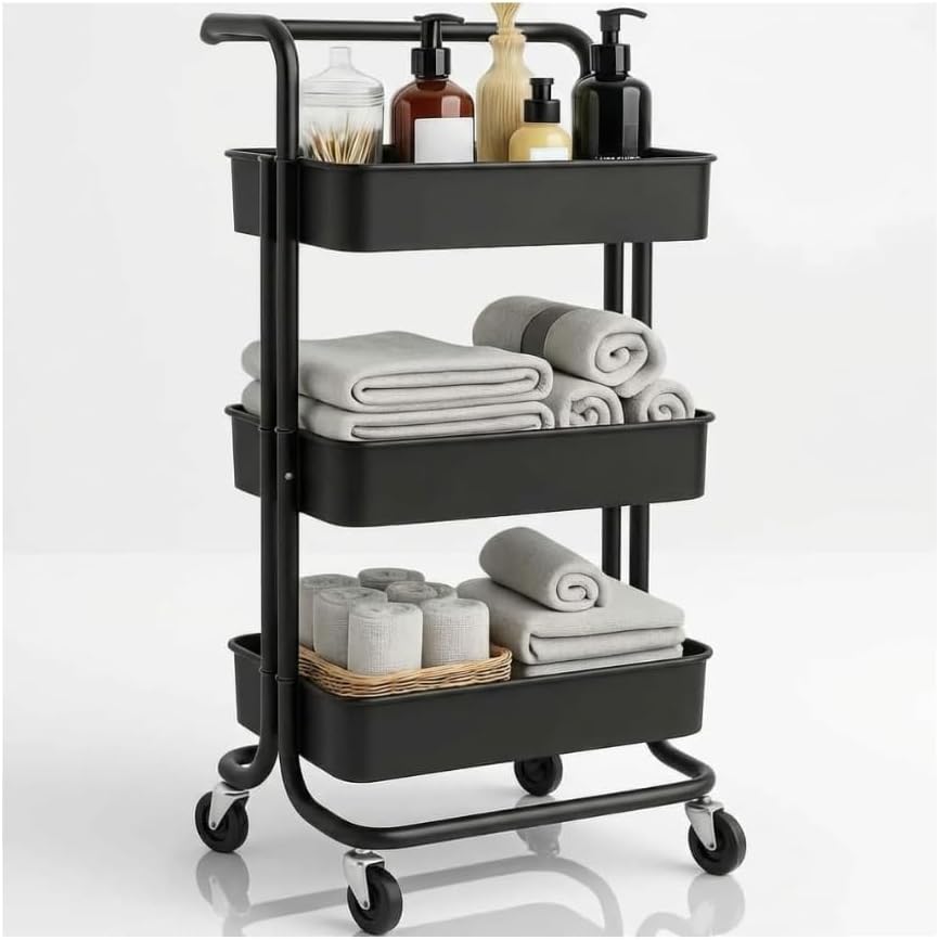 Carrinho-Organizador-Multiuso-Preto-3-Prateleiras-com-Rodinhas-–-Estrutura.jpg Carrinho Organizador Multiuso Preto 3 Prateleiras com Rodinhas – Estrutura Metálica em Aço Carbono Resistente, Cesto Removível e Montagem Fácil, Ideal para Banheiro, Cozinha, Lavanderia e Escritório