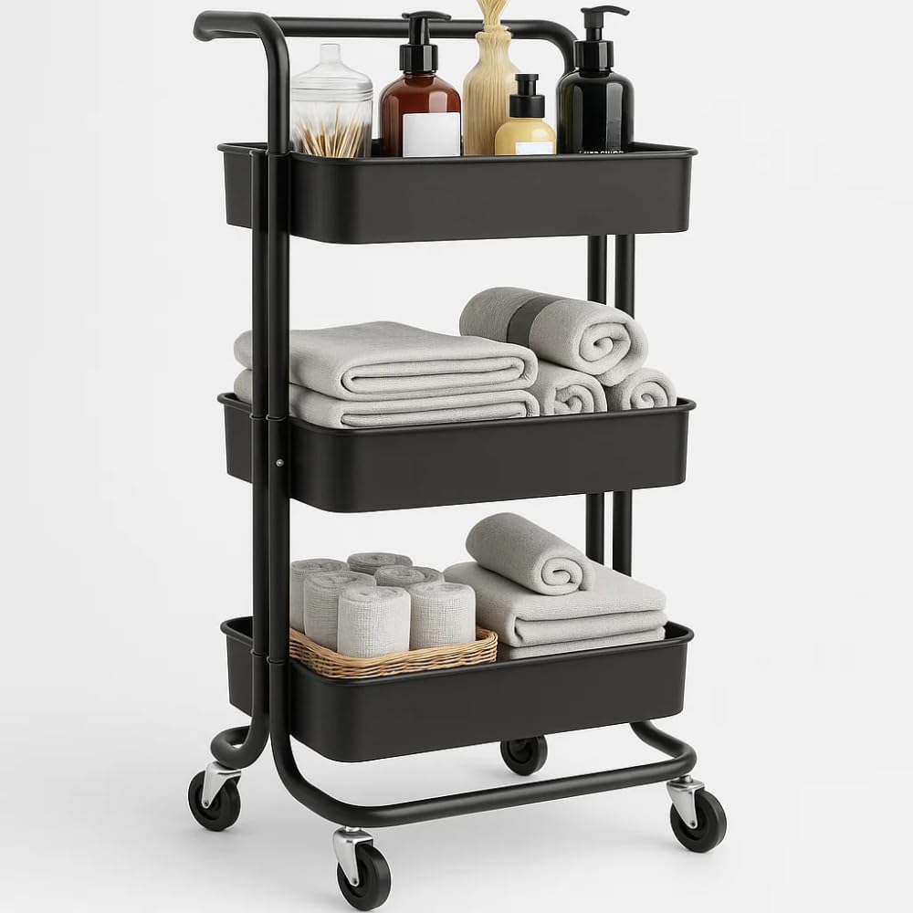 Carrinho-Organizador-Multiuso-Preto-3-Prateleiras-e-Rodinhas-–.jpg Carrinho Organizador Multiuso Preto | 3 Prateleiras e Rodinhas – com Cesto Removível para Banheiro, Cozinha, Lavanderia e Escritório | Estrutura Metálica e Resistente | Fácil de Montar e Compacto