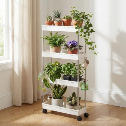 Carrinho Organizador Slim 4 Andares com Rodas, Hastes em Aço Inox, Estante Multiuso Estreita, 80x39x12,5cm, Branco