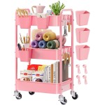 Carrinho de rodinhas de metal com rodas trancáveis, organizador de carrinho de artesanato rosa de três camadas, carrinhos utilitários de armazenamento para lanches, livros, porta-fraldas, bebê, arte