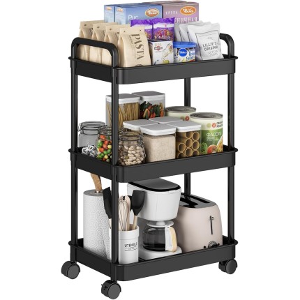 Carrinhos Organizadores, Carrinhos Armazenamento de Lanches de 3 Níveis, Adequado para Quartos, Salas de Estar, Cozinhas e Banheiros, Preto