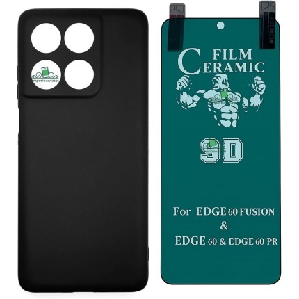 Compativel com Moto Edge 60 Pro - Capinha Capa Veludo Emborrachada Preta + Pelicula de Ceramica 9d
