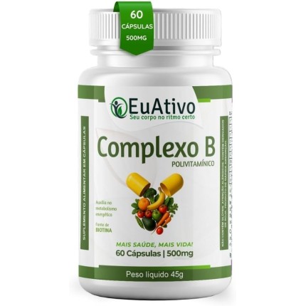 Complexo B 8 Vitaminas B12 B9 B6 Biotina B6 B5 B 500mg 60 Cápsulas EuAtivo