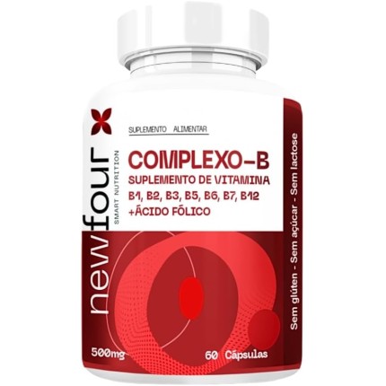 Complexo B Newfour – 60 Cápsulas 500mg | B1, B2, B3, B5, B6, B7, B12 + Ácido Fólico | Energia, Foco e Rotina Equilibrada | Sem Glúten, Açúcar e Lactose