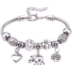Conjunto de 6 pulseiras femininas de contas, em aço inoxidável prateado, com pingentes, ideal para presente