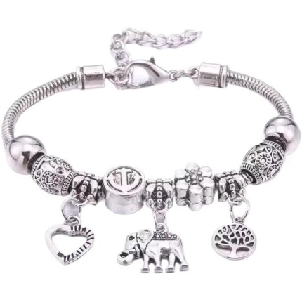 Conjunto de 6 pulseiras femininas de contas, em aço inoxidável prateado, com pingentes, ideal para presente
