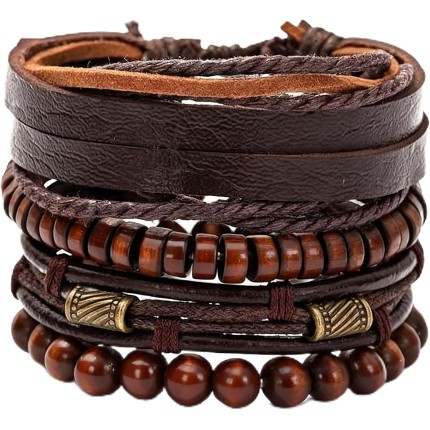 Conjunto de pulseiras de couro trançado e contas de madeira, punho unissex ajustável, pulseiras empilháveis pretas e marrons para mulheres e homens, presente casual para o dia a dia