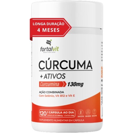 Cúrcuma 120 Cápsulas, 4 Meses de Uso, com Vitamina E, Selênio e B12, Longa Duração 2x Mais, Alto Teor Curcumina, Fortalvit