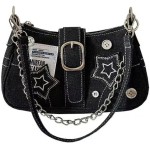 Esta pequena bolsa feminina em estilo Y2K apresenta bordados de estrelas, material jeans, corrente metálica e um estilo gótico,Bolsas femininas