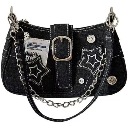 Esta pequena bolsa feminina em estilo Y2K apresenta bordados de estrelas, material jeans, corrente metálica e um estilo gótico,Bolsas femininas