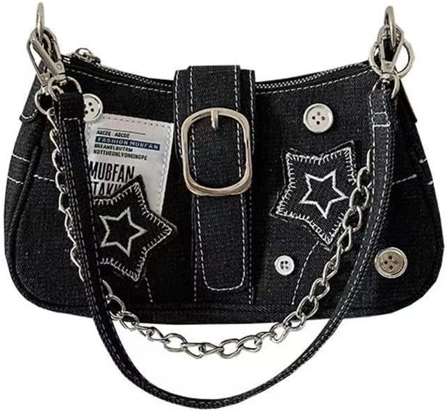 Esta-pequena-bolsa-feminina-em-estilo-Y2K-apresenta-bordados-de.jpg Esta pequena bolsa feminina em estilo Y2K apresenta bordados de estrelas, material jeans, corrente metálica e um estilo gótico,Bolsas femininas