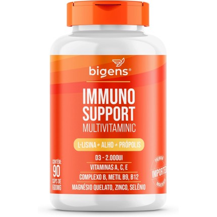 Immuno Support Multivitaminic com L-lisina, alho, própolis, Vitamina A, C, E, D3, Zinco, B12, Magnésio & Selênio Bigens, 90 Cápsulas (Unidade)