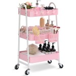 KINGRACK Carrinho utilitário de 3 camadas, carrinho de armazenamento de metal, carrinho de arte artesanal com alça e rodas de bloqueio e 2 cestos suspensos, 4 ganchos para banheiro, quarto, rosa