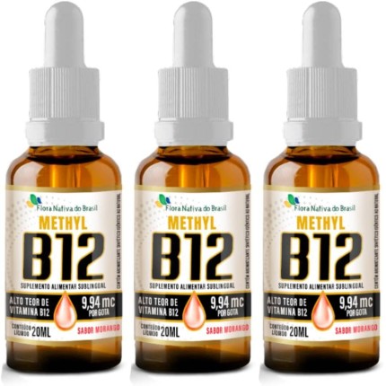 KIT 3X Vitamina B12 Sublingual (Metilcobalamina) 9,94 mcg por gota 20ml - Flora Nativa Sabor:Morango