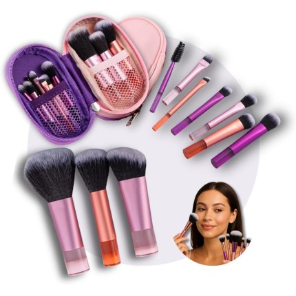 Kit 10 Mini Pincéis de Maquiagem com Estojo Cerdas Sintéticas Macias, Portátil e Completo para Base, Pó, Blush, Corretivo e Sombras – Para Viagem Travel Size Ideal para Presente, Uso Diário e Adolescentes - PREMIUM