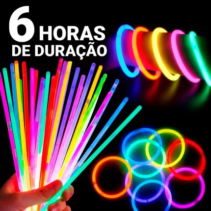 Kit 100 Unidades Pulseiras Neon 7 Cores Festas Balada Brilha Escuro Fluorescente LED Silver Festas