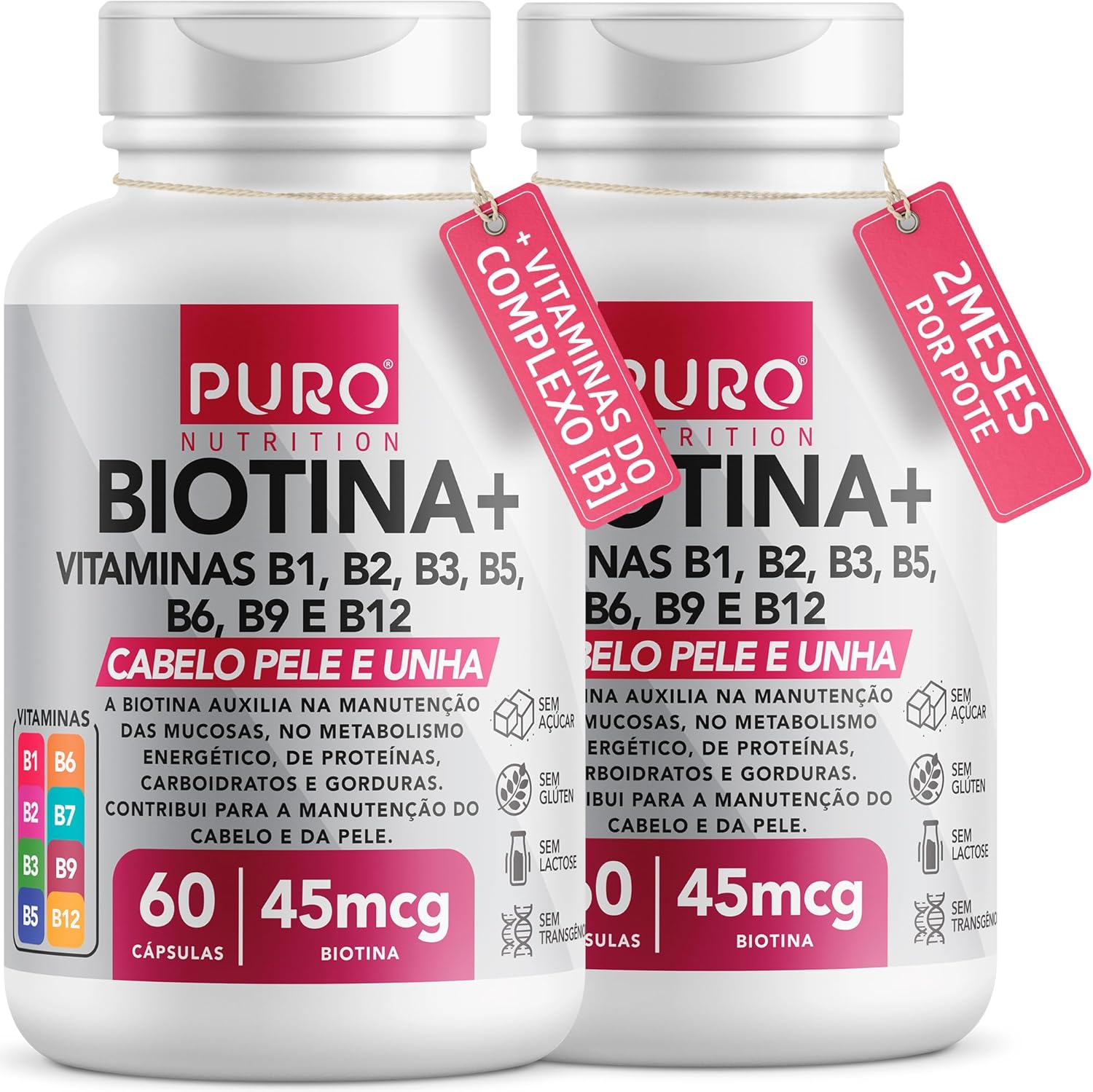 Kit-2-Biotina-Puro-Nutrition-Pele-Cabelo-e-Unhas.jpg Kit 2 Biotina + Puro Nutrition Pele, Cabelo e Unhas, 45 mcg de Biotina por dose, Vitaminas B1, B2, B3, B5, B6, B9 e B12, 60 Cápsulas por Pote