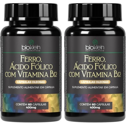 Kit 2 Ferro, Ácido Fólico com Vitamina B12 60 Cápsulas Softgel 400mg, Bioklein