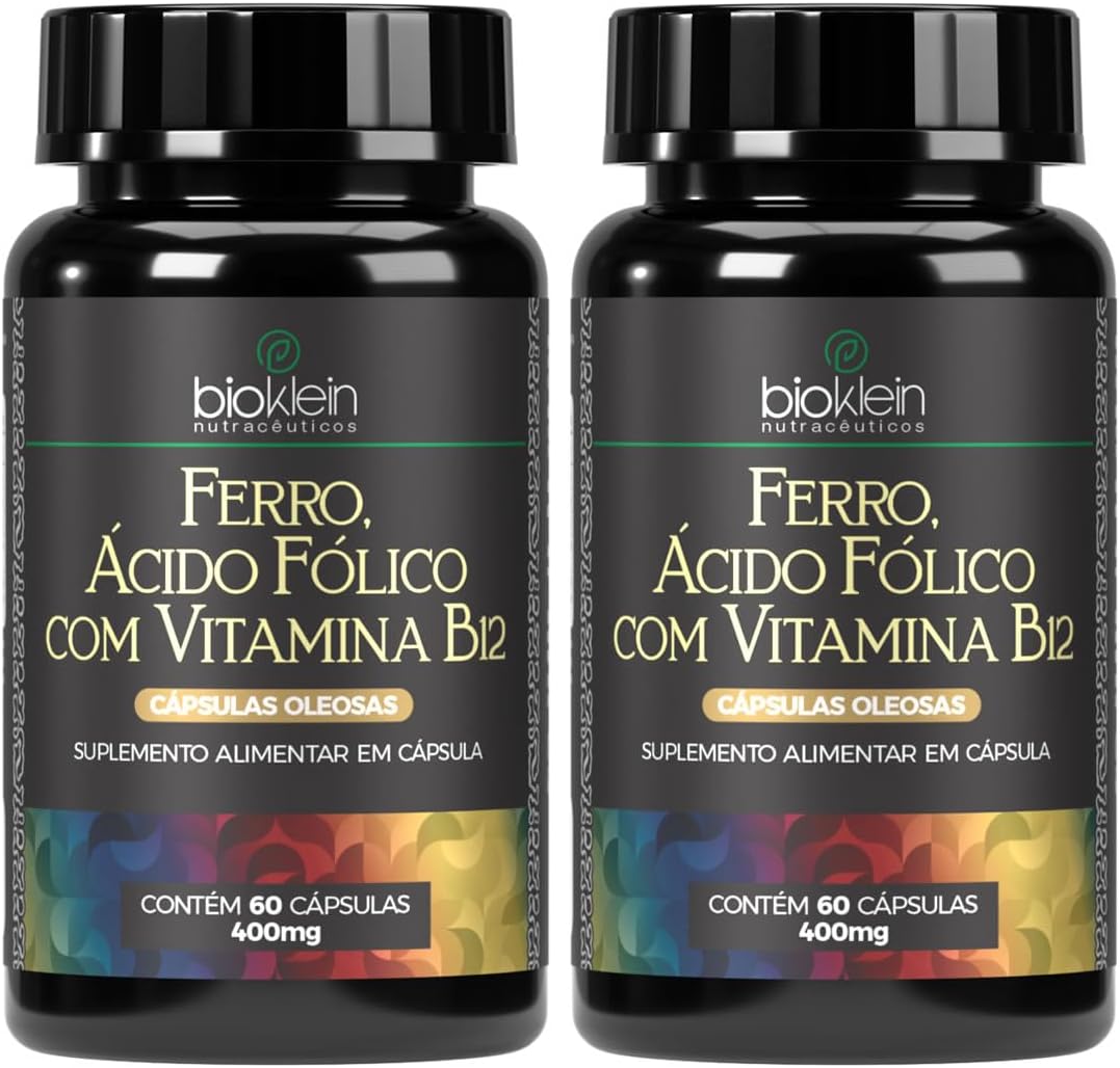 Kit-2-Ferro-Acido-Folico-com-Vitamina-B12-60-Capsulas.jpg Kit 2 Ferro, Ácido Fólico com Vitamina B12 60 Cápsulas Softgel 400mg, Bioklein