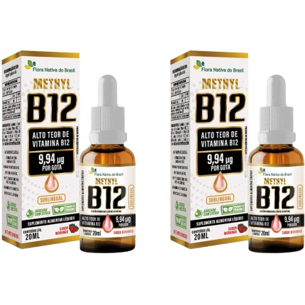 Kit 2x Vitamina B12 Sublingual (Metilcobalamina) 9,94 mcg por gota 20ml - Flora Nativa Sabor:Morango