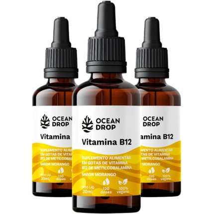 Kit 3 Vitamina B12 em Gotas Ocean Drop 30ml Sabor Morango