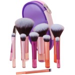 Kit Mini Pincéis de Maquiagem 10 Peças Travel Size com Nécessaire – Cerdas Macias para Make Completa - Rosa e Roxo
