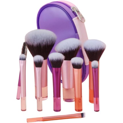 Kit Mini Pincéis de Maquiagem 10 Peças Travel Size com Nécessaire – Cerdas Macias para Make Completa - Rosa e Roxo
