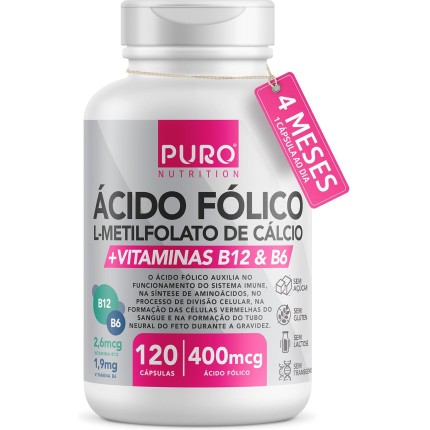 L-Metilfolato Ácido Fólico Puro Nutrition, 400 mcg de Ácido Fólico, Vitaminas B12 e B6, 120 Cápsulas