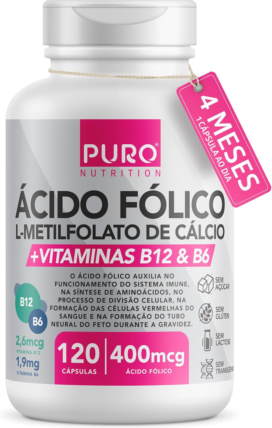 L-Metilfolato-Acido-Folico-Puro-Nutrition-400-mcg-de-Acido-Folico.jpg L-Metilfolato Ácido Fólico Puro Nutrition, 400 mcg de Ácido Fólico, Vitaminas B12 e B6, 120 Cápsulas