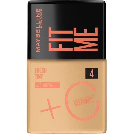 Maybelline NY Fit Me Fresh Tint Base Líquida, Proporciona Efeito Glow Natural, Controla a Oleosidade e Uniformiza a Pele com Vitamina C e FPS 50, Cor 04, 30ml