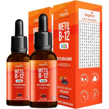 Metil B-12 Kids, Metilcobalamina em Gotas, Sabor Frutas Vermelhas, Zero Açúcares, Unidade 20ml, Bigens (Kit 2)