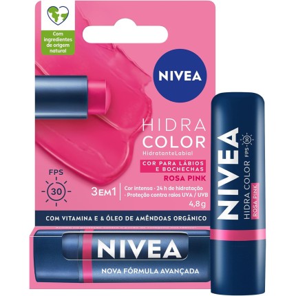 NIVEA Hidratante Labial Hidra Color 2 em 1 Rosa Pink 4,8g - Combina cor intensa e hidratação enriquecida com Manteiga de Karité, Óleo de Amêndoas orgânico e Vitamina E