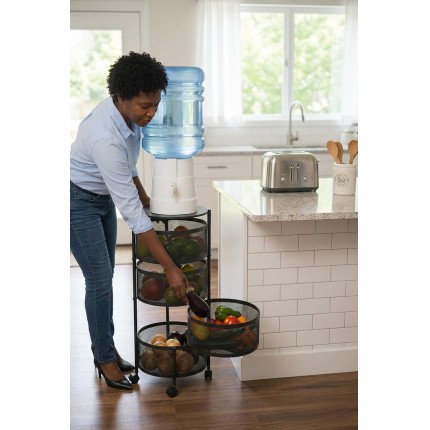 Organizador Multiuso Fruteira Articulada com 4 Cestos Respiráveis em Aço Carbono e Rodinhas All Black