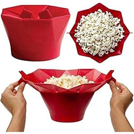 Pipoqueira de Silicone para Micro-ondas, Recipiente Vermelho Dobrável Sem Óleo, Bowl para Pipoca com Tampa