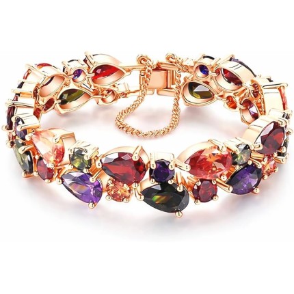 Pulseira Feminina Rose Gold 14K com Zircônias Multicoloridas - Fecho Seguro com Corrente de Segurança - Elegante, Clássica e Atemporal