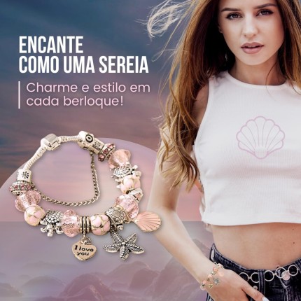 Pulseira Feminina "Sereia do Mar" com Berloques Temáticos – Estilo Boho, Moda Mística e Proteção Espiritual – 19cm – Acompanha Bolsa de Veludo
