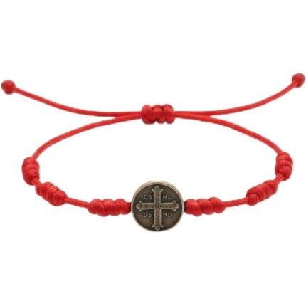 Pulseira Kabbalah 7 Nós São Bento, Cordão Vermelho com Medalha Religiosa, Proteção Espiritual, Ajustável